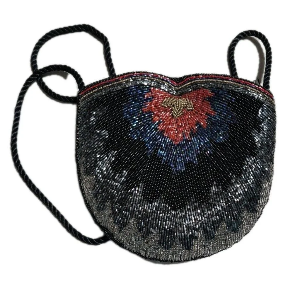 Vintage Beaded Black Embelished Satin Evening Purse Romantic Bedazzled